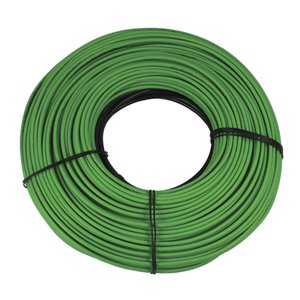 A coiled green electric snow melting heating cable secured with black cable ties against a white background.