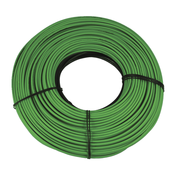 A coiled green electric snow melting heating cable secured with black cable ties against a white background.