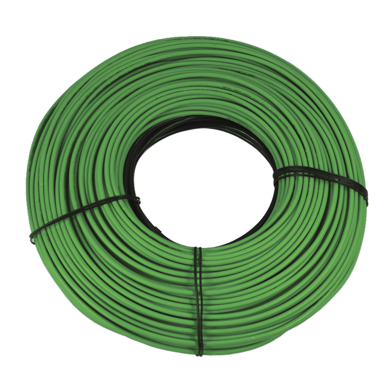 A coiled green electric snow melting heating cable secured with black cable ties against a white background.