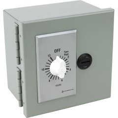 Intermatic mechanical timer switch for a snow melting control system mounted in a grey metal enclosure with a 12-hour rotary dial.