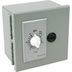 Intermatic mechanical timer switch for a snow melting control system mounted in a grey metal enclosure with a 12-hour rotary dial.