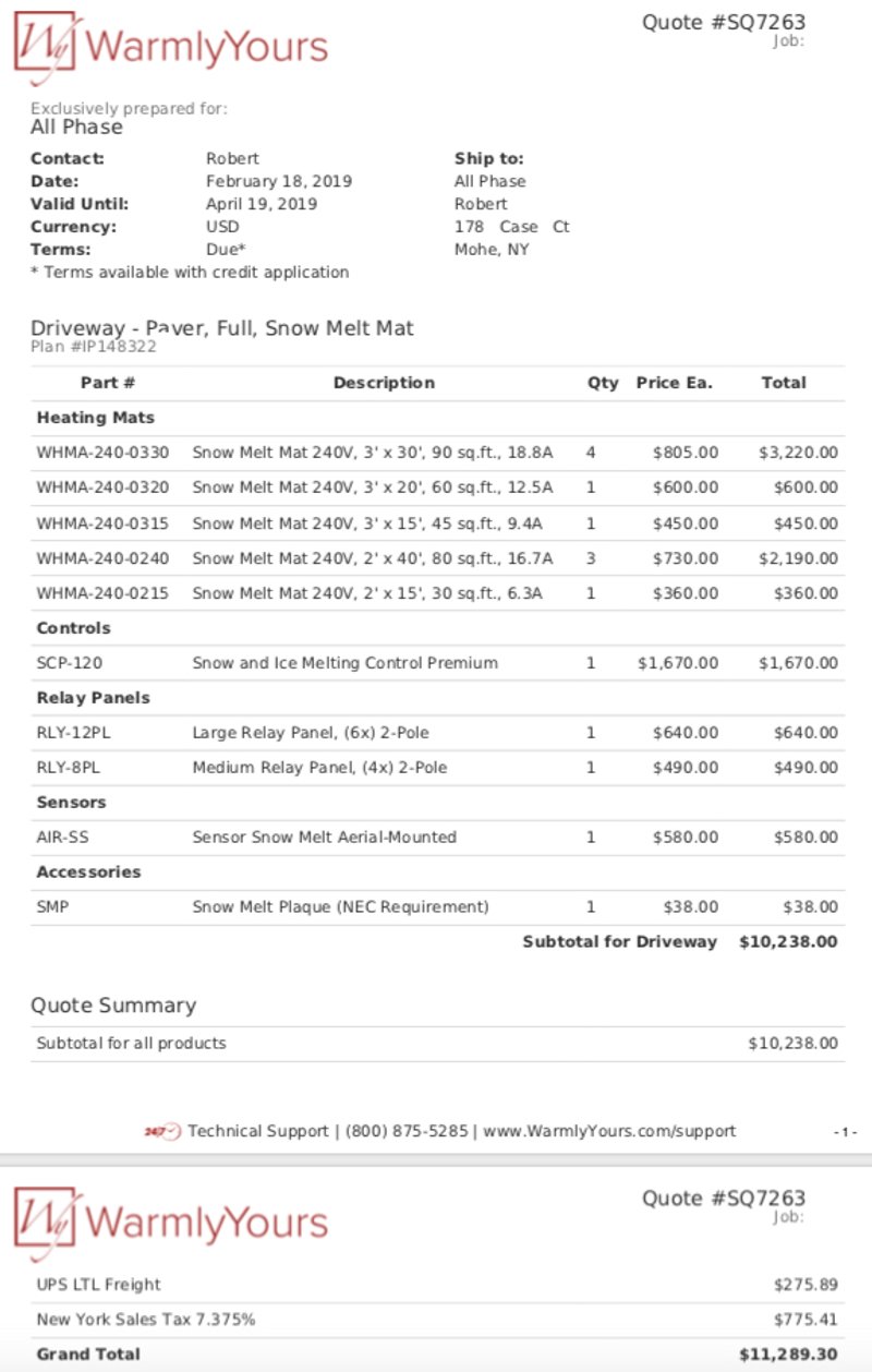 Snow melting SmartPlan itemized quote example