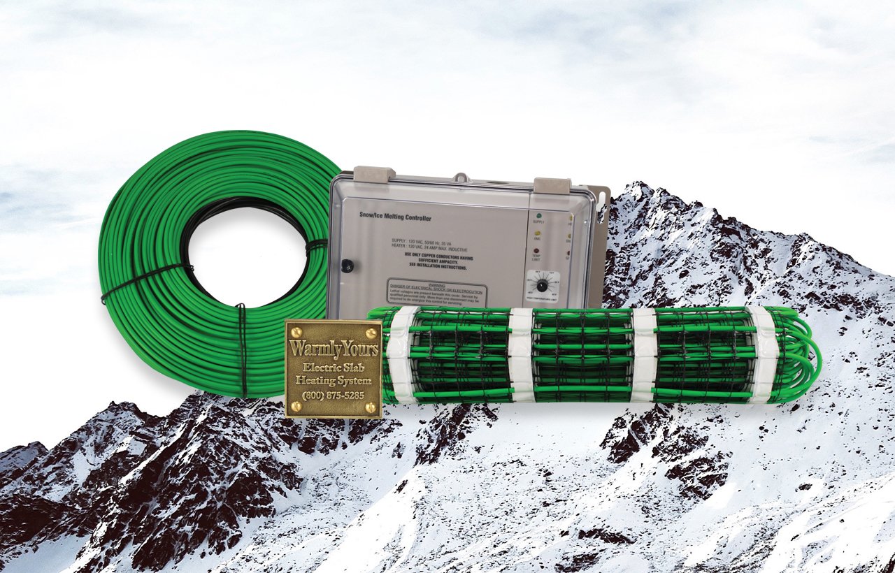 WarmlyYours snow melting system components including heating cable, a snow melting mat, and an outdoor controller against a mountain backdrop.