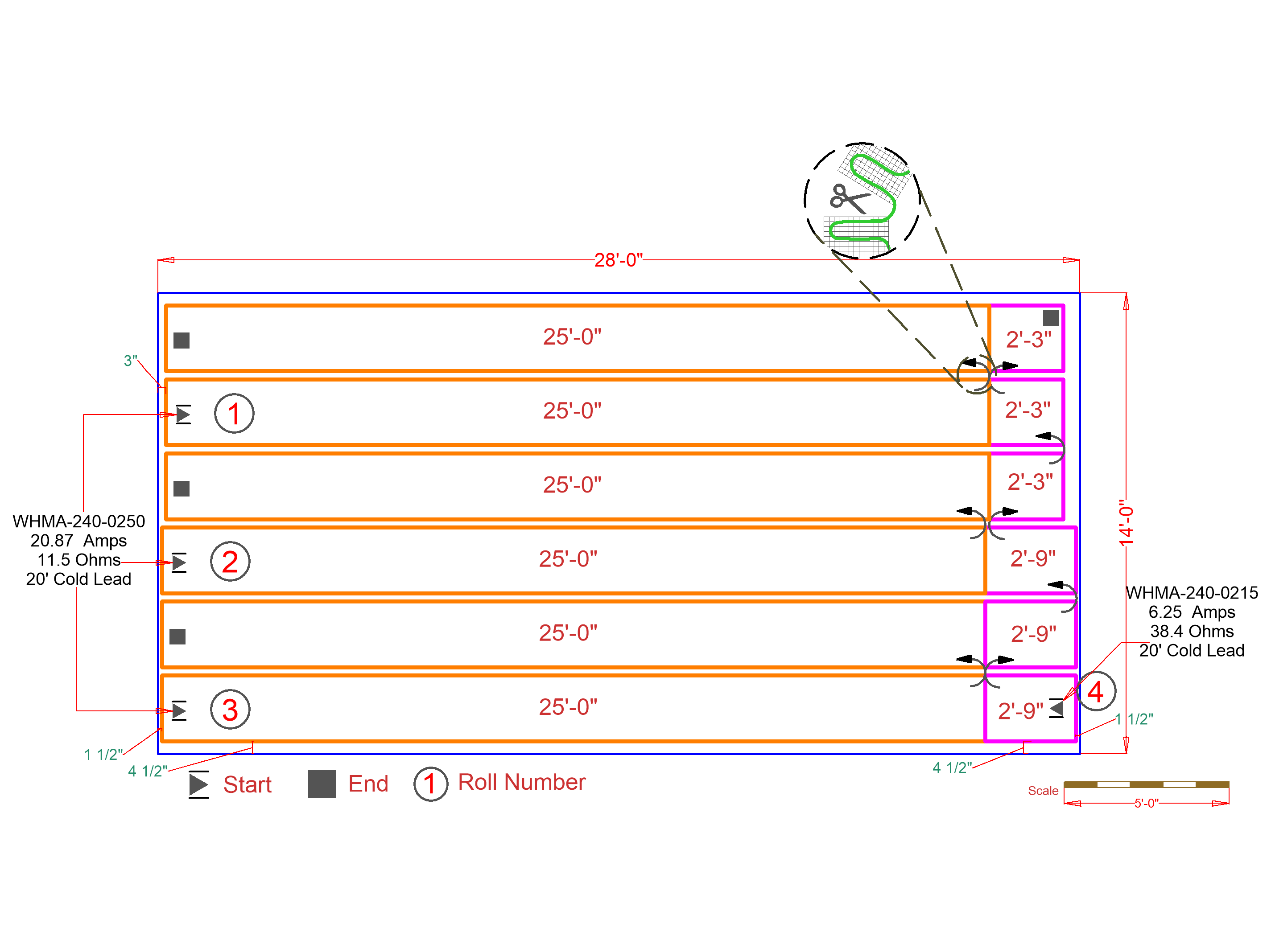 Snow melting mat floor plan 14'W x 28'L