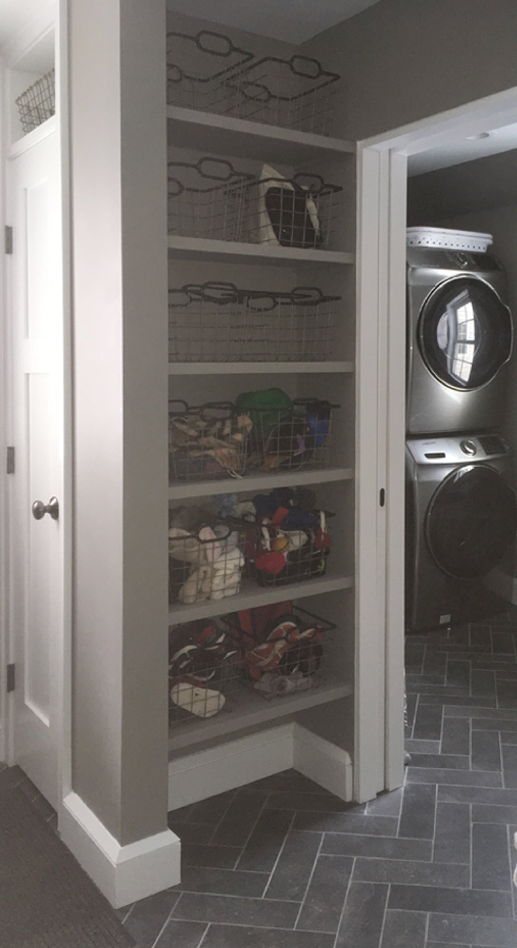 Storage for mudroom entryway with heated tile floors