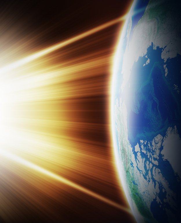 An artistic digital illustration of planet Earth viewed from space, illuminated by golden rays of sunlight.
