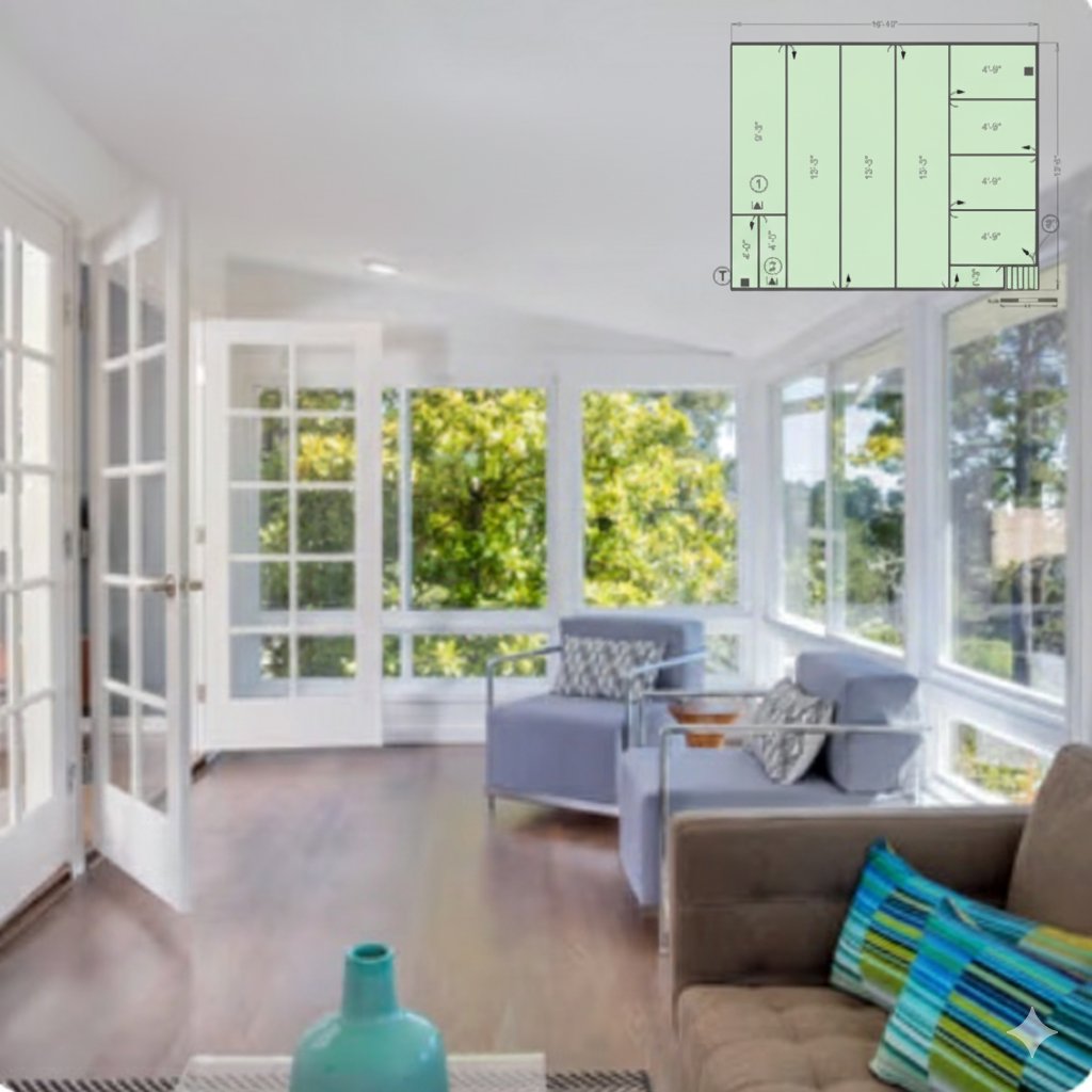 A sunroom with an inset architectural floor plan diagram illustrating the layout of an electric radiant floor heating mat.
