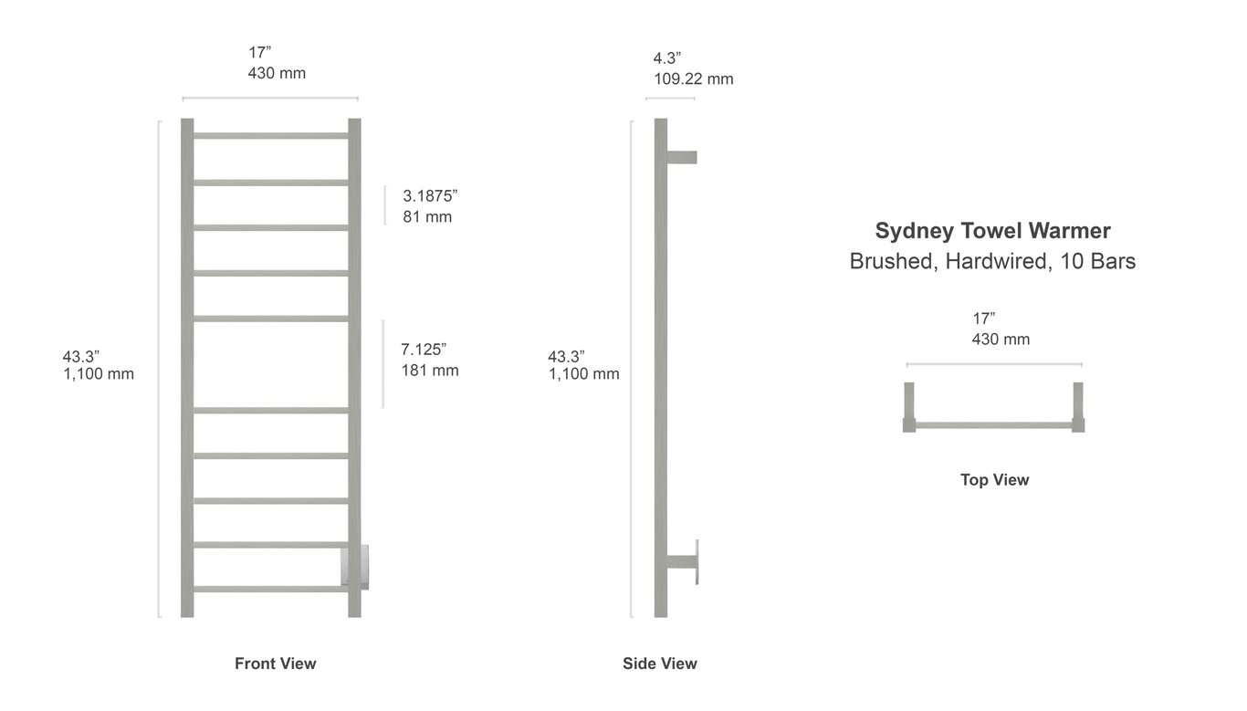 Sydney Towel Warmer, Brushed, Hardwired, 10 bars TWS2SYD10BH