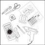 A collection of essential installation tools for an electric radiant floor heating system, including a multimeter, tape measure, and floor plan.