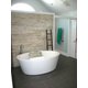 Completed modern bathroom featuring a white freestanding bathtub on dark tiled flooring.