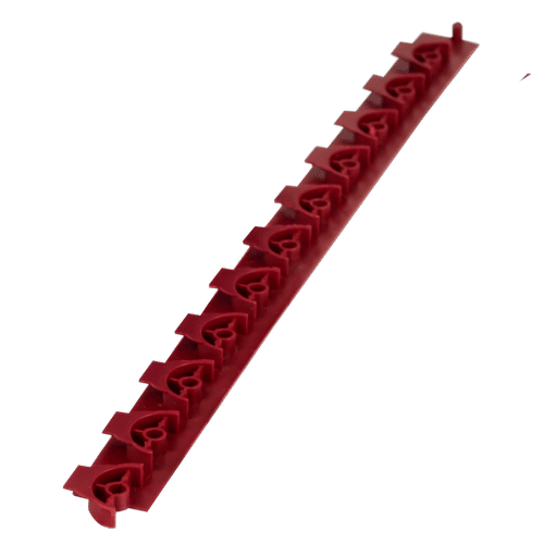 A dark red TempZone cable fixing plastic strip with molded clips designed to secure electric radiant floor heating cables at fixed intervals.