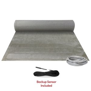 TempZone Custom electric radiant floor heating mat unrolled with a coiled lead cable and a bundled black wire temperature sensor.
