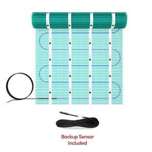 TempZone Easy Mat electric radiant heating mat with blue heating cable on green mesh and an included backup floor sensor.