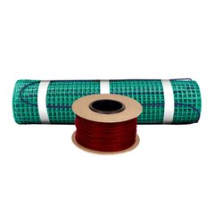 A TempZone Flex Roll electric radiant floor heating mesh with blue heating cable on a green grid next to a spool of dark red heating cable.