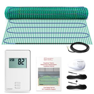 TempZone electric radiant floor heating kit with a green mesh heating mat, digital thermostat, installation manual, and circuit check device.