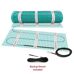TempZone Flex electric radiant floor heating mat with blue heating cable on green mesh, power lead, and backup floor sensor.