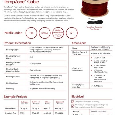 TempZone Floor Heating Cable Sell Sheet USA (English)