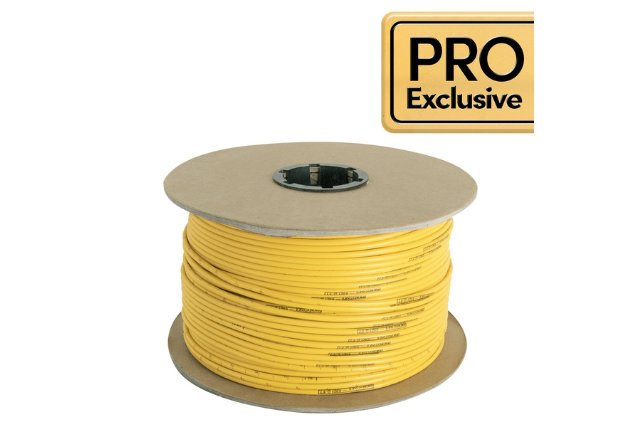 A spool of yellow TempZone Ruler Cable for electric radiant floor heating featuring printed measurement markings on a cardboard reel.