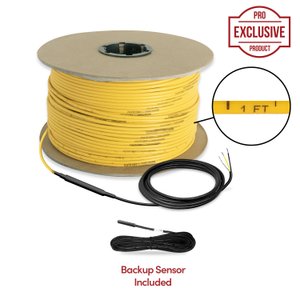 A spool of yellow TempZone Ruler Cable electric radiant floor heating element with a black backup floor sensor probe.