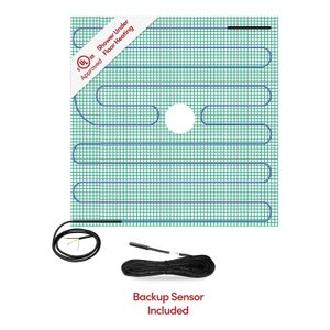 TempZone Shower Mat electric radiant floor heating with blue cable on green mesh and a circular drain cutout, including a backup floor sensor.