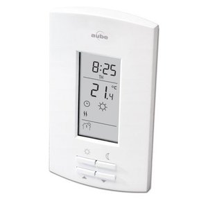 Aube TH111 series programmable thermostat for electric radiant floor heating with a digital LCD display and four control buttons.