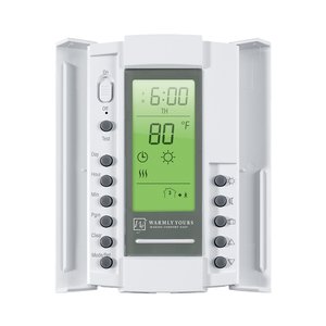 WarmlyYours SmartStat programmable thermostat with an LCD screen and side control buttons for electric radiant floor heating systems.