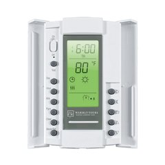 WarmlyYours SmartStat programmable thermostat with an LCD screen and side control buttons for electric radiant floor heating systems.