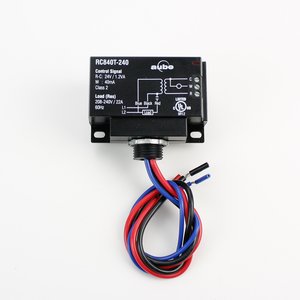Aube RC840T-240 electromechanical relay switch for electric radiant floor heating control with lead wires and screw terminals.