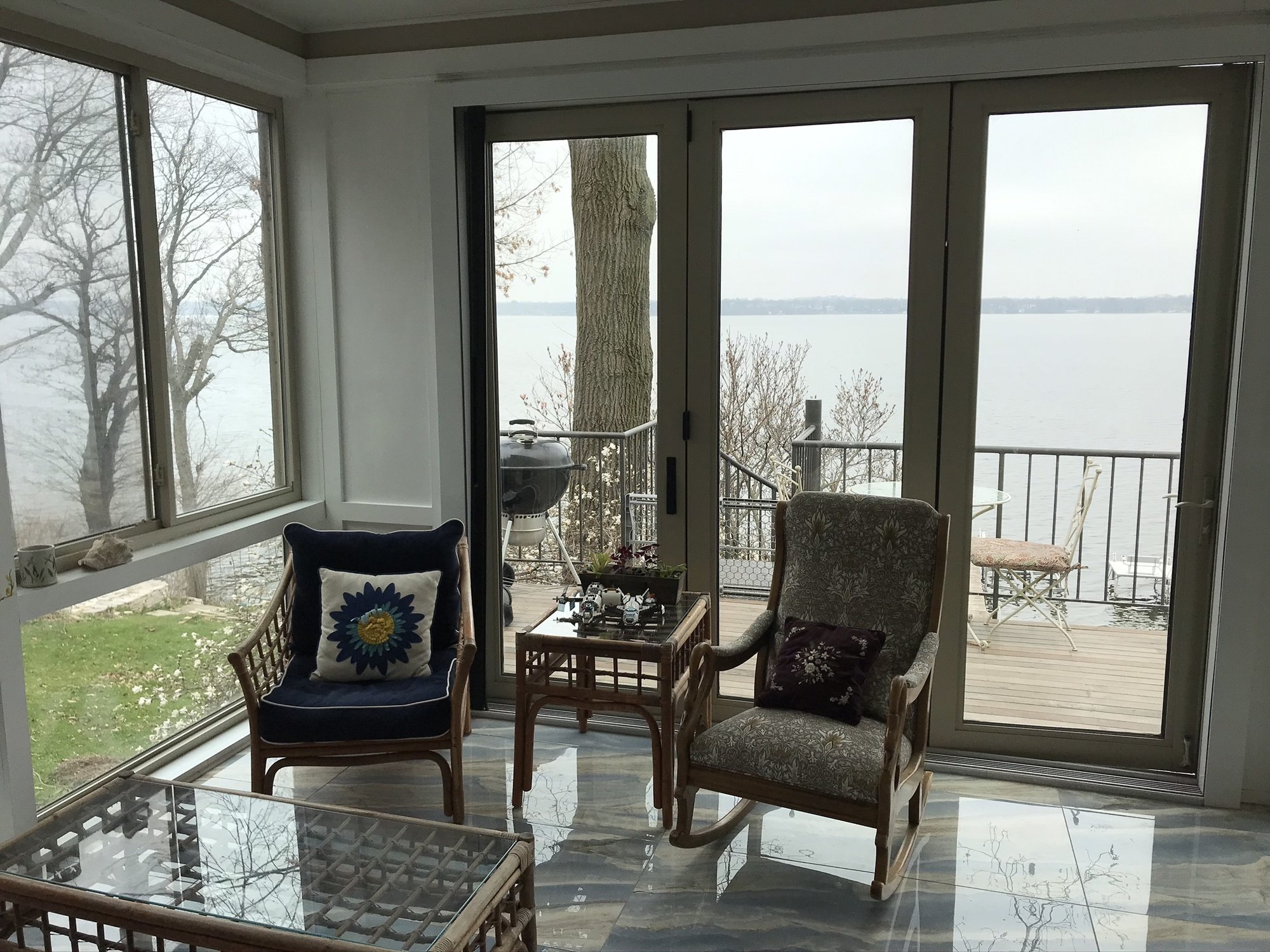 Three season porch sunroom with heated tile floors after install MADISON, WI