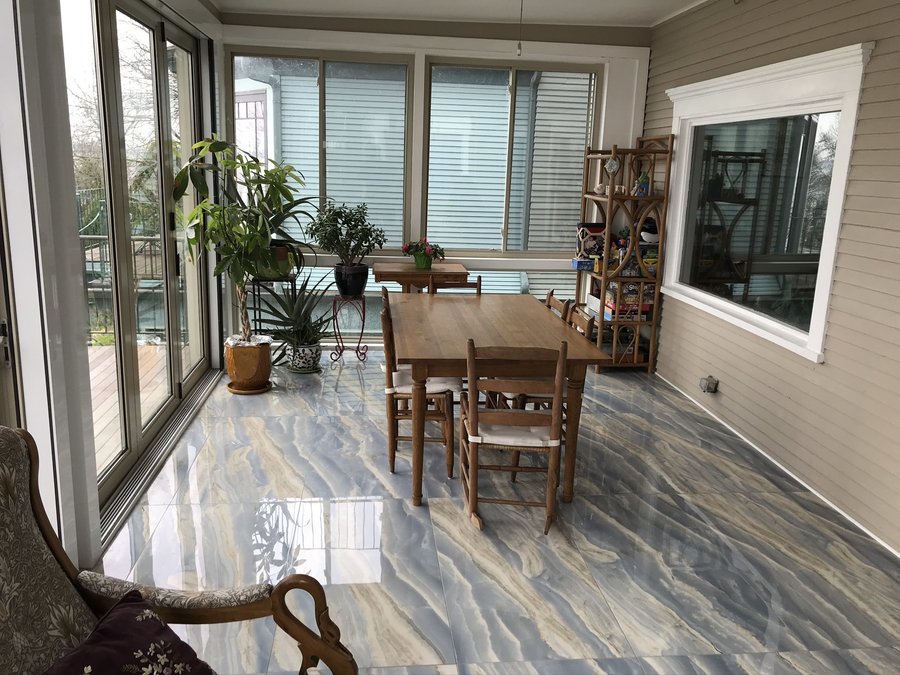 Three season porch sunroom with heated tile floors blue and white MADISON, WI
