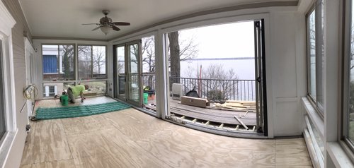 Three season porch sunroom with heated tile floors wide angle shot MADISON, WI