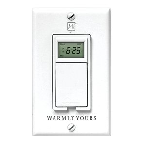WarmlyYours T1033 series programmable timer control for electric radiant floor heating systems mounted on a white wall plate.