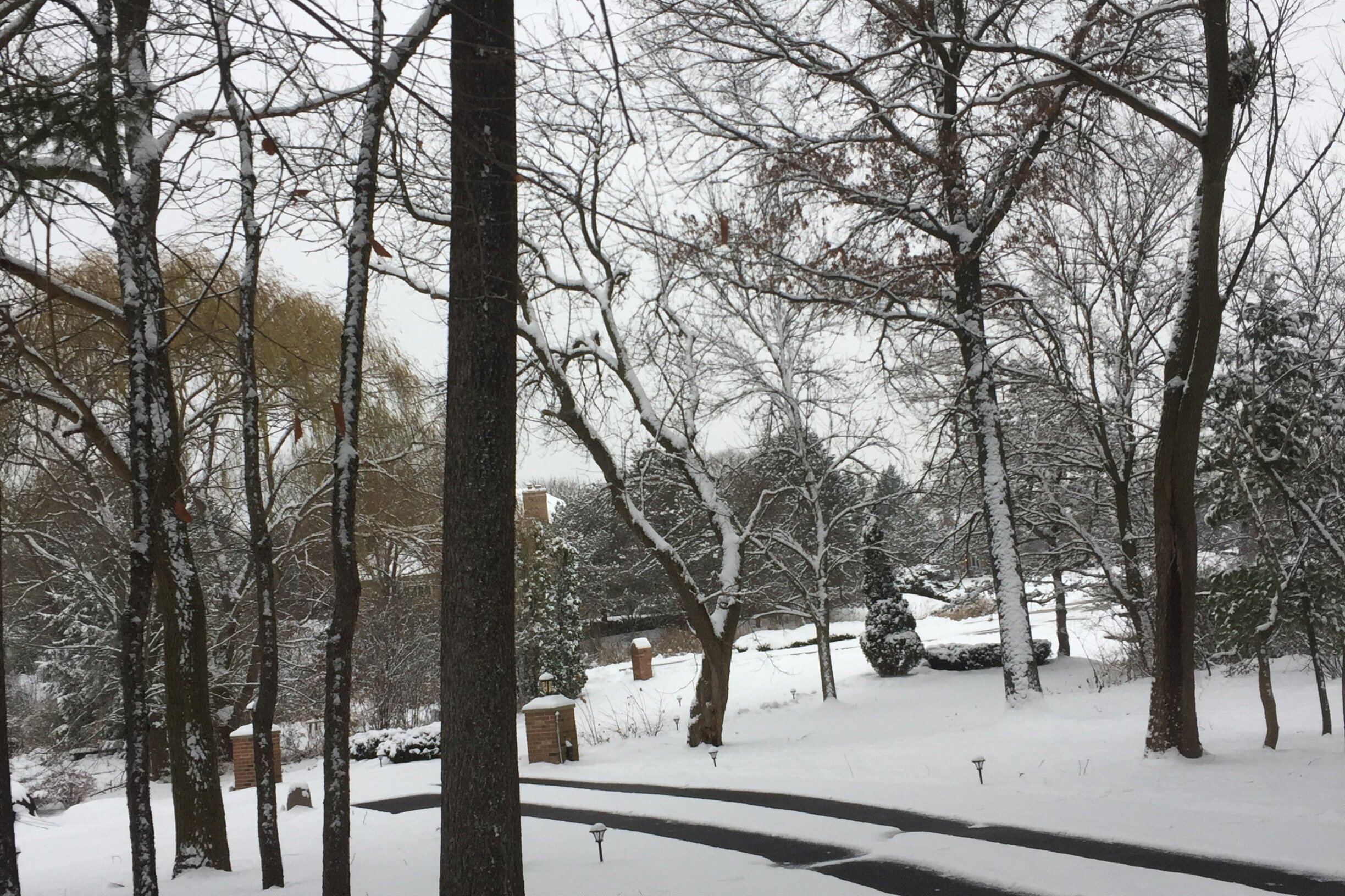 A snow-covered driveway with two clear, melted tire tracks indicating an embedded electric snow melting system.