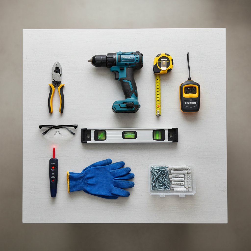 Tools and hardware laid out for LED bathroom mirror installation, including drill, level, tape measure, anchors, and electric