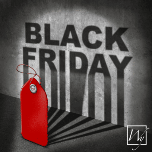 A Black Friday promotional graphic featuring a price tag with dramatic shadows and the WarmlyYours logo.