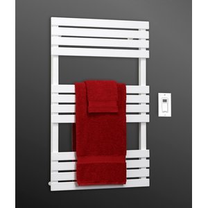 Catalina electric towel warmer in matte white with a dark red towel and a digital wall control mounted on a dark grey wall.