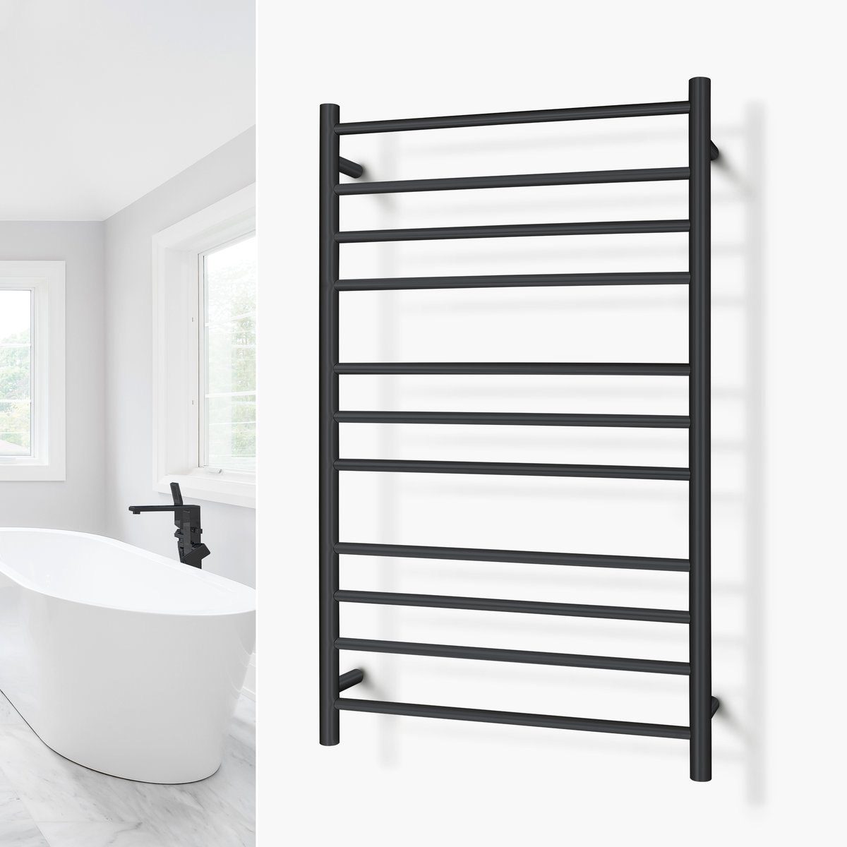 Malta Black Towel Warmer Landing Page Image on Wall Square