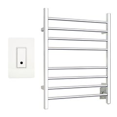 A Sierra electric towel warmer with a polished metallic finish and a smart Wi-Fi light switch mounted on a white wall.