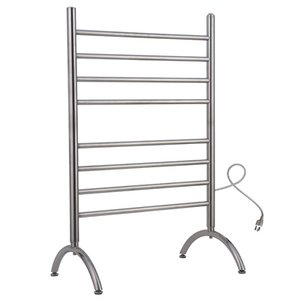 Madrid 8-bar freestanding towel warmer in brushed stainless steel with arched floor feet and a plug-in power cord.