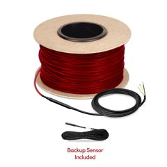 A spool of red TempZone electric radiant floor heating cable with a black non-heating lead and a separate backup floor sensor probe.