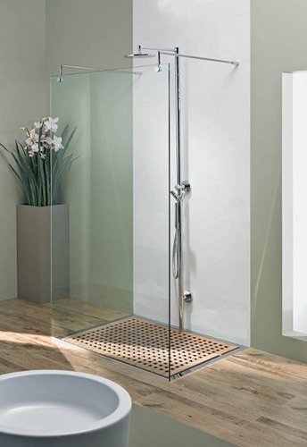 A modern curbless walk-in shower with a recessed floor and wooden drainage insert, designed for universal accessibility in a contemporary bathroom.