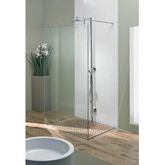 A modern curbless walk-in shower with a recessed floor and wooden drainage insert, designed for universal accessibility in a contemporary bathroom.
