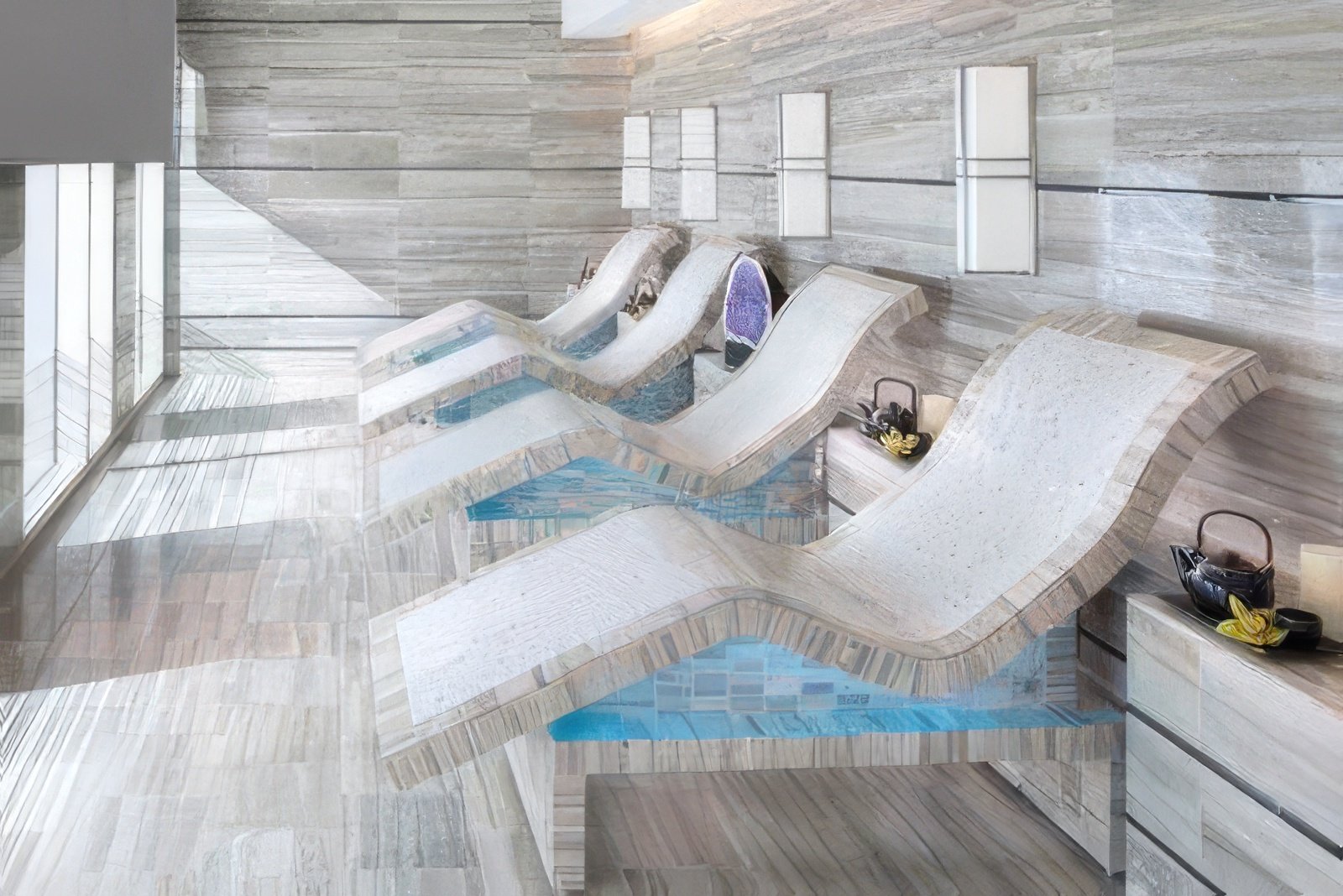Ergonomically contoured stone loungers in a luxury spa relaxation room with grey and beige stone tile flooring.