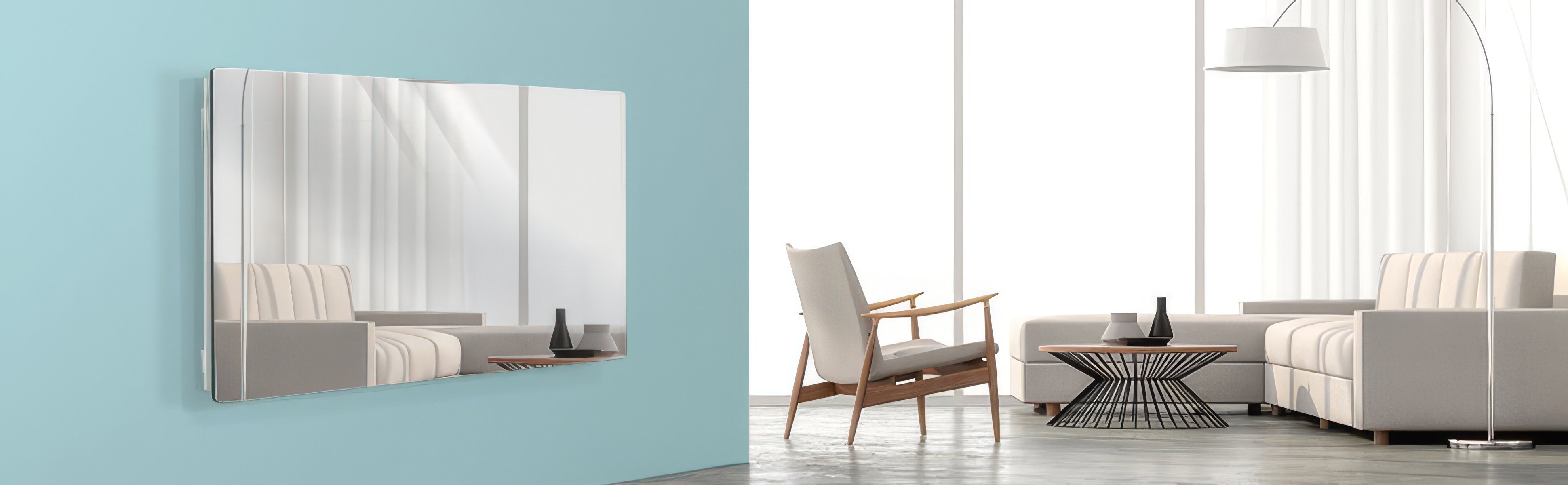A LAVA Glass radiant heating panel mounted on a teal wall in a contemporary living room with a reflective mirror-like surface.