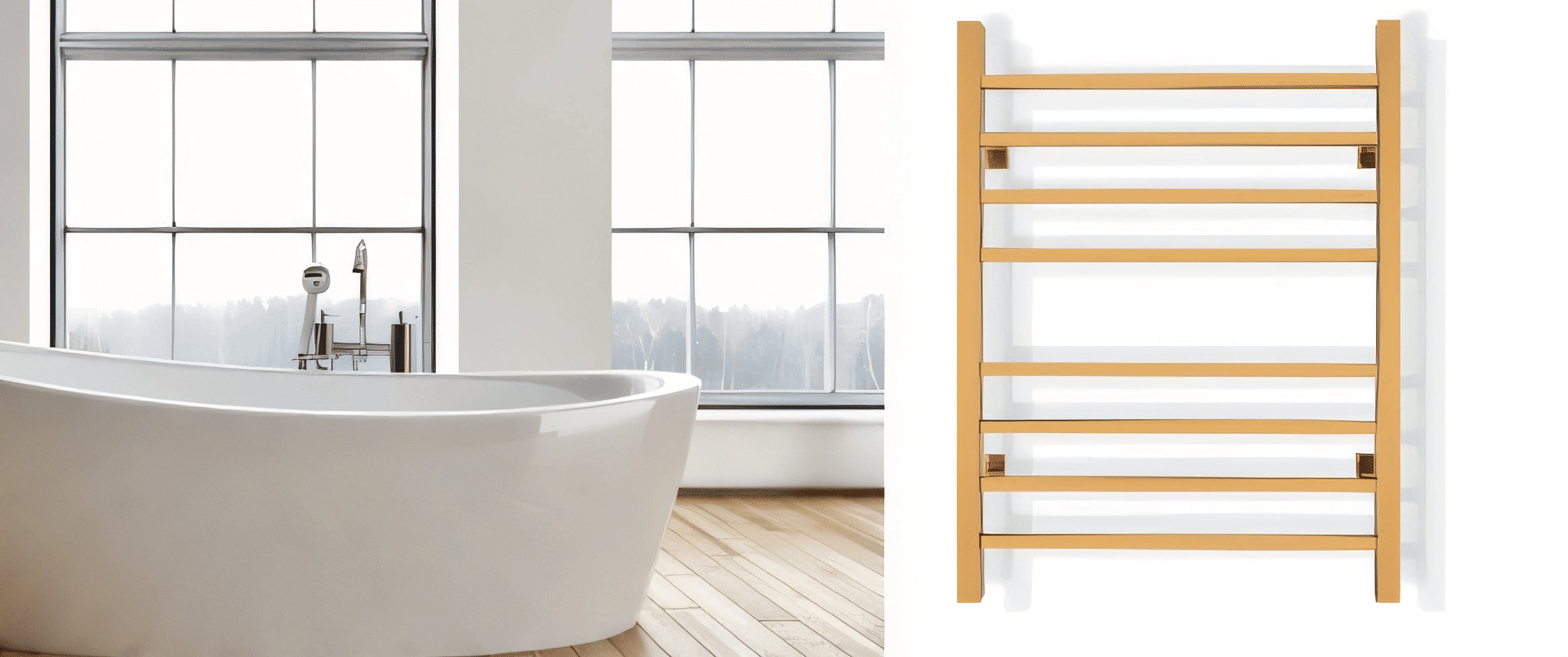 A modern bathroom with a freestanding tub next to a gold-finished electric towel warmer featuring square rails and an eight-bar design.