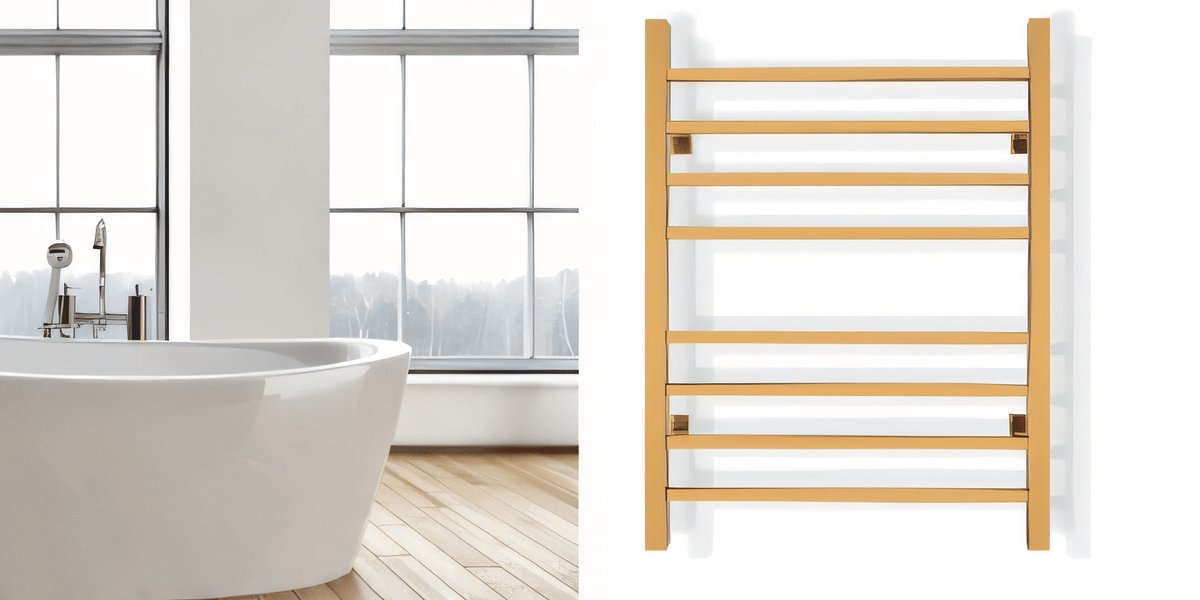 A modern bathroom with a freestanding tub next to a gold-finished electric towel warmer featuring square rails and an eight-bar design.