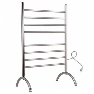 Madrid 8-bar freestanding towel warmer in brushed stainless steel with arched floor feet and a plug-in power cord.