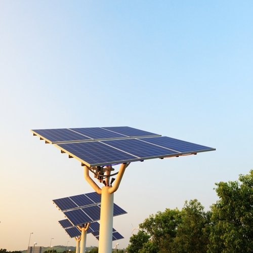 Pole-mounted solar panel arrays installed outdoors against a clear sky.