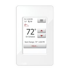 The nSpire Touch WiFi programmable touchscreen thermostat featuring a white faceplate and a digital display showing temperature and schedule.