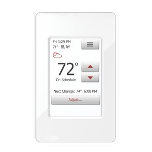 The nSpire Touch WiFi programmable touchscreen thermostat featuring a white faceplate and a digital display showing temperature and schedule.